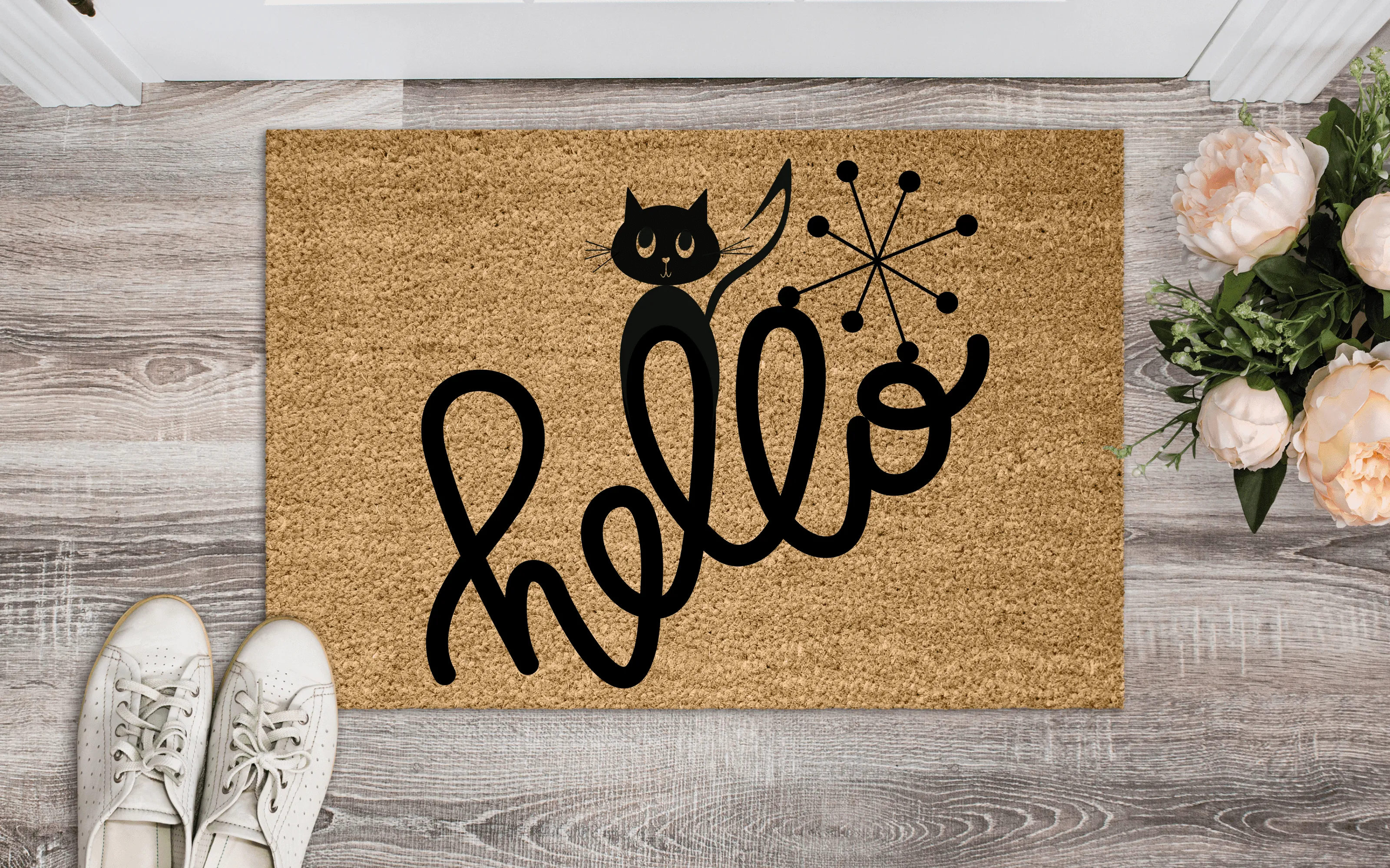 Atomic Cat, Kitschy Cute, Quirky, Summer Hello, Housewarming Mid Century Mod Welcome Mat