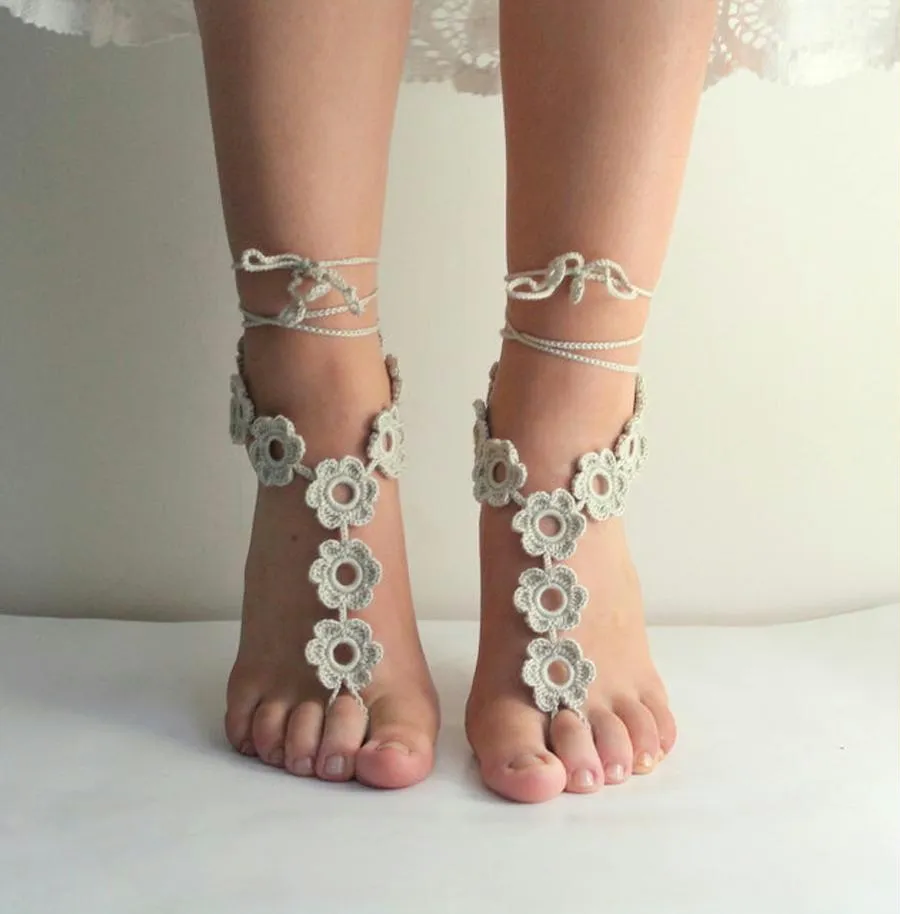 Handmade knit floral barefoot sandals, crochet sandals