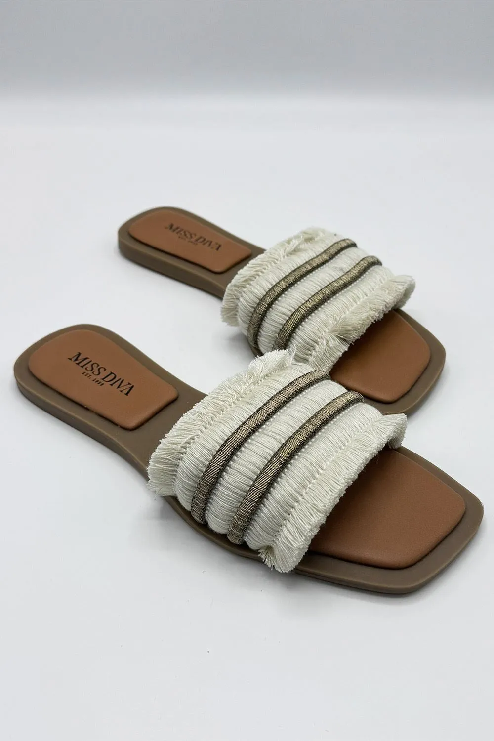 Linnea Tassel Strap Sliders in Beige