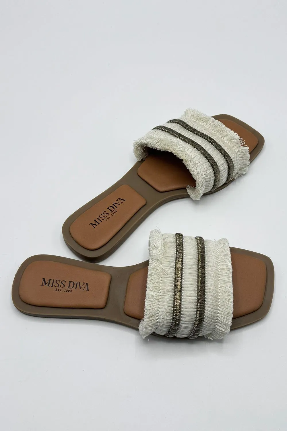 Linnea Tassel Strap Sliders in Beige