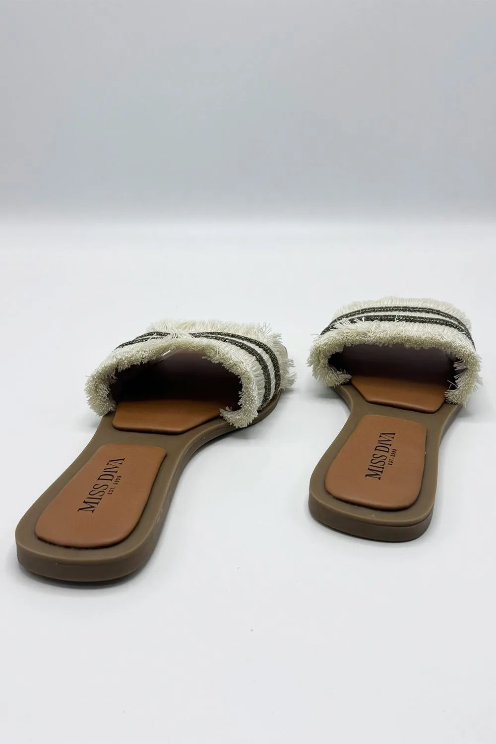 Linnea Tassel Strap Sliders in Beige