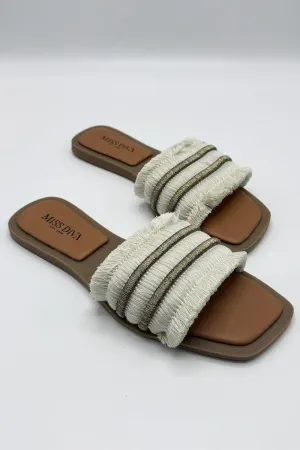 Linnea Tassel Strap Sliders in Beige