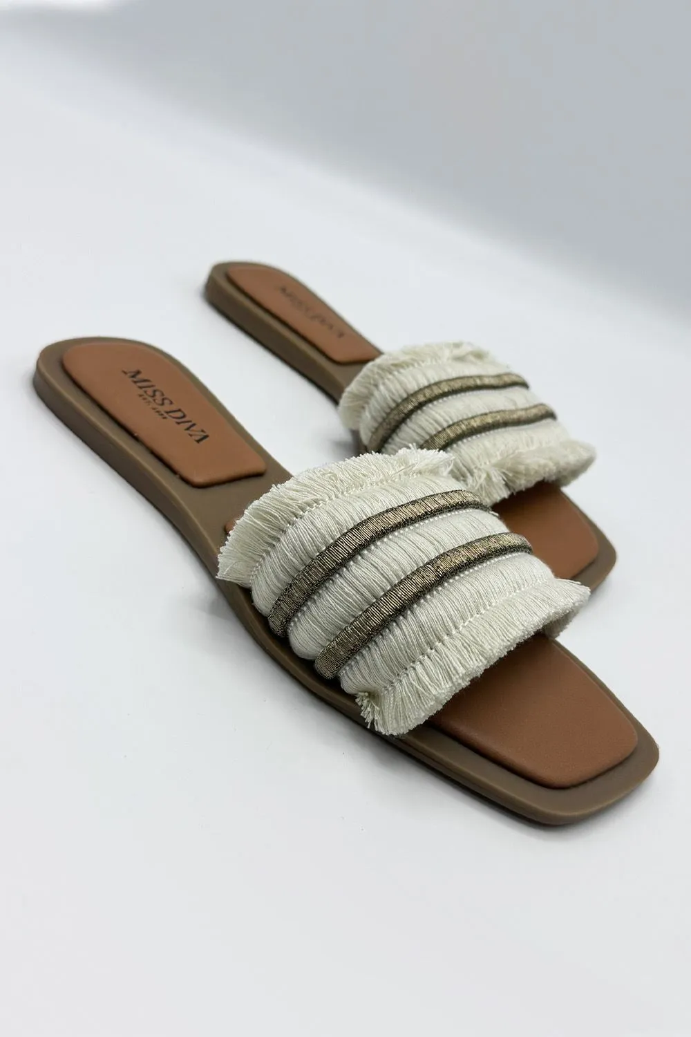 Linnea Tassel Strap Sliders in Beige