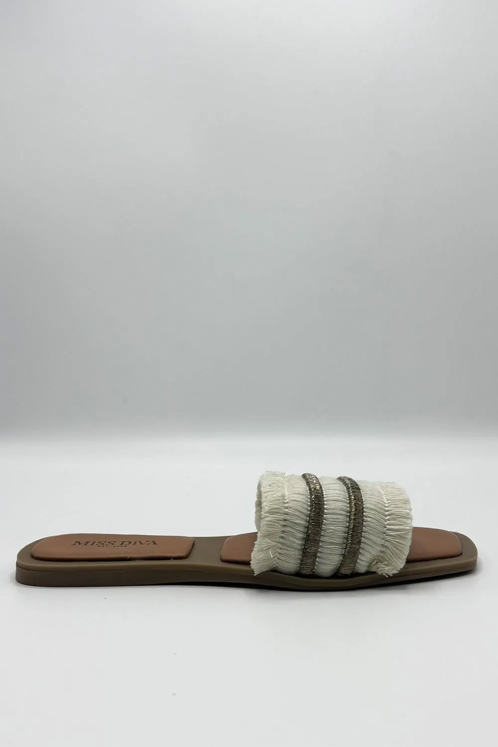 Linnea Tassel Strap Sliders in Beige