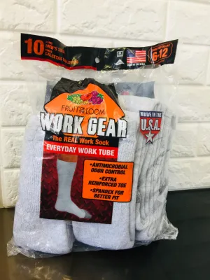 New in package! Fruit of the Loom mens Cotton Work Gear Tube Socks | Cushioned, Wicking, Durable | 10 Pack, Grey, Shoe Size 6-12
