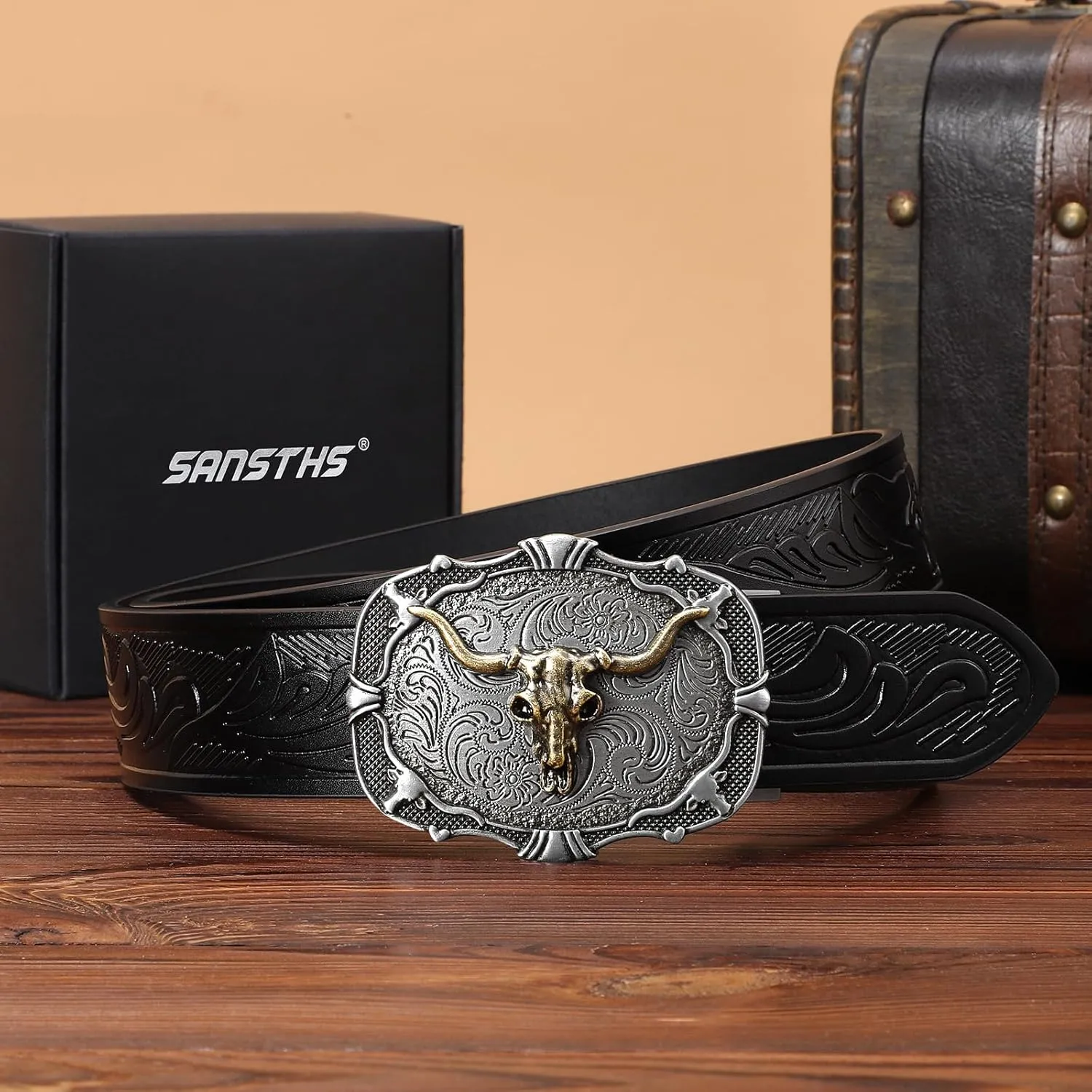 SANSTHS Ratchet Cowboy Belt, Western Ratchet Belts for Men Ratchet Western Belt with Automatic Cowboy Buckle