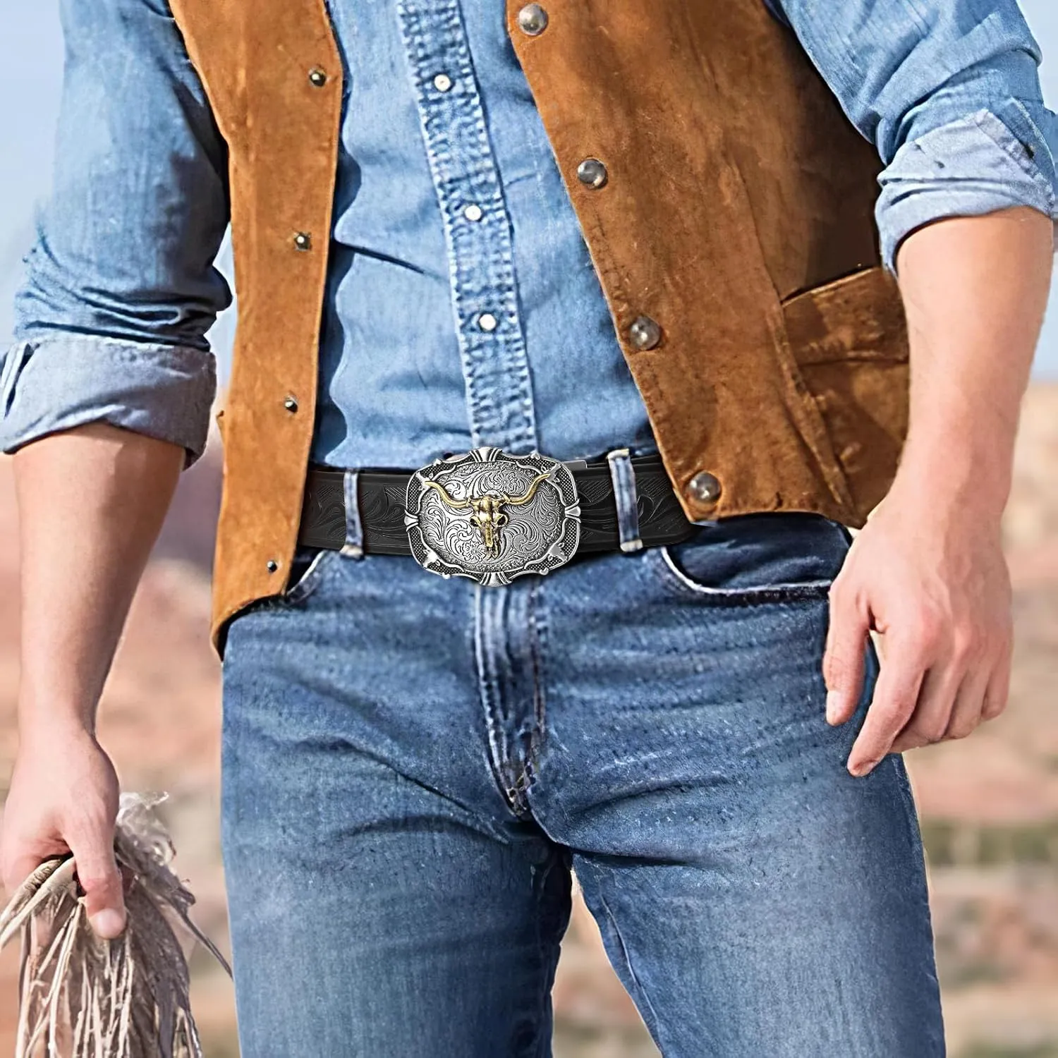 SANSTHS Ratchet Cowboy Belt, Western Ratchet Belts for Men Ratchet Western Belt with Automatic Cowboy Buckle