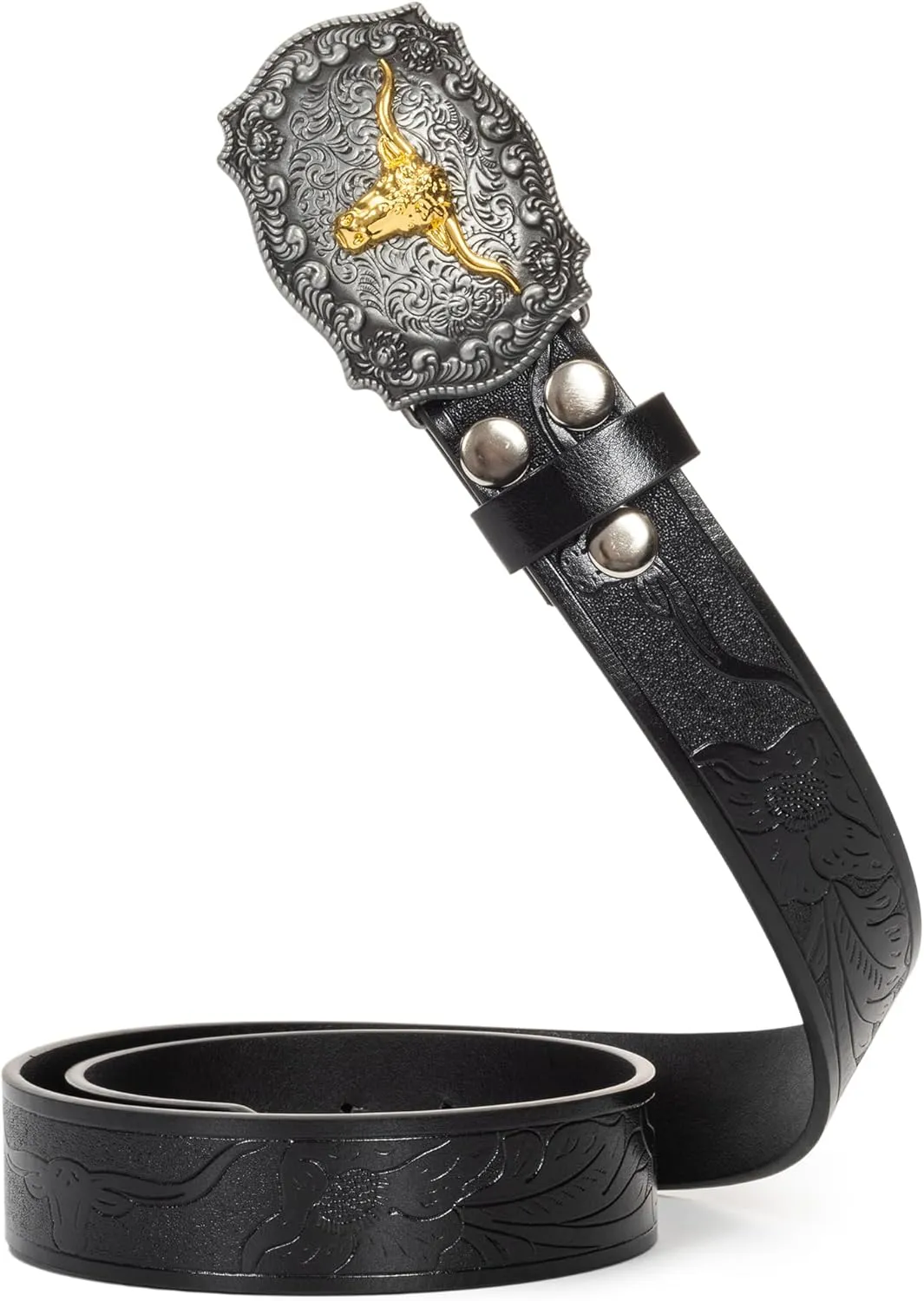 Western Cowboy PU Leather Belt - Men Waist Strap Bull Decoration Floral Engraved for Jeans 25" to 38" Waist