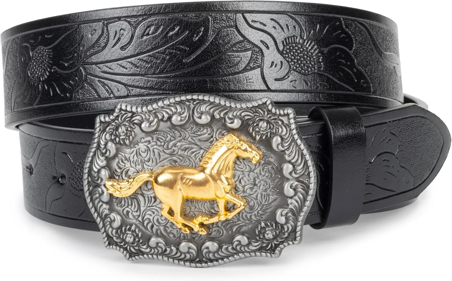 Western Cowboy PU Leather Belt - Men Waist Strap Bull Decoration Floral Engraved for Jeans 25" to 38" Waist