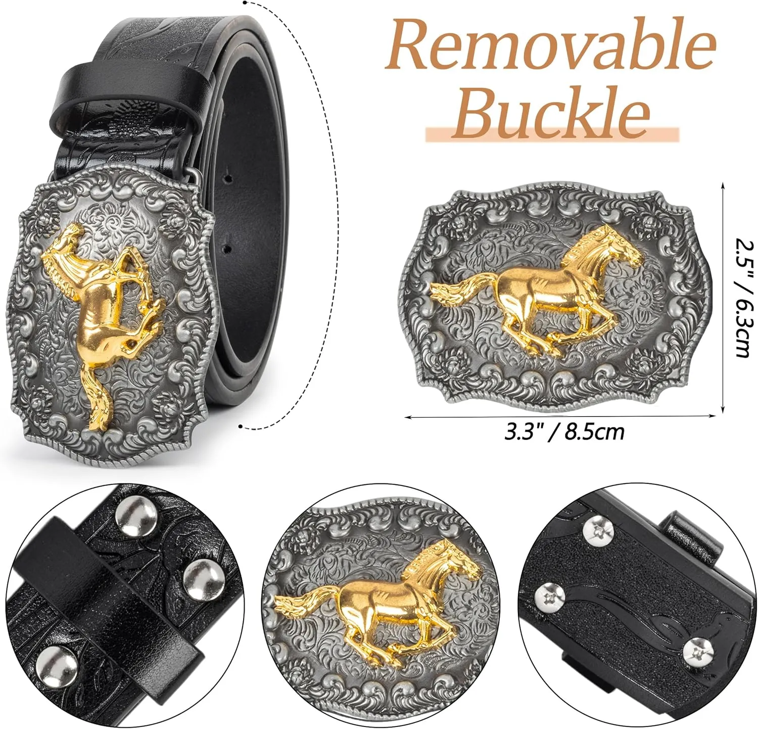 Western Cowboy PU Leather Belt - Men Waist Strap Bull Decoration Floral Engraved for Jeans 25" to 38" Waist