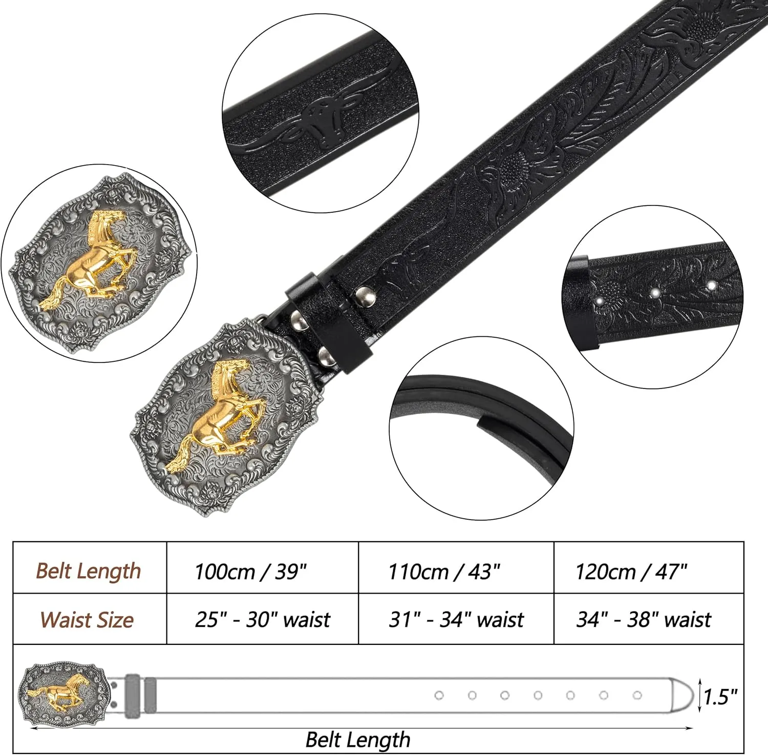 Western Cowboy PU Leather Belt - Men Waist Strap Bull Decoration Floral Engraved for Jeans 25" to 38" Waist