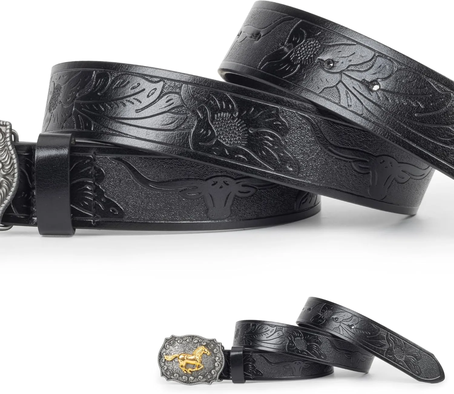 Western Cowboy PU Leather Belt - Men Waist Strap Bull Decoration Floral Engraved for Jeans 25" to 38" Waist