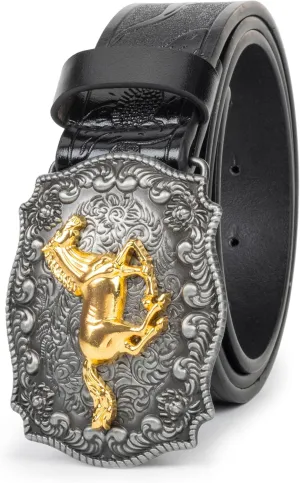 Western Cowboy PU Leather Belt - Men Waist Strap Bull Decoration Floral Engraved for Jeans 25" to 38" Waist